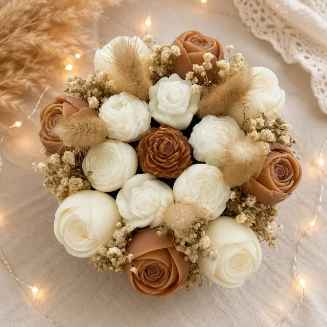 Bouquet rond de fleurs de cire en camaïeu crème et caramel, avec pampas et gypsophile séchée, ambiance bohème