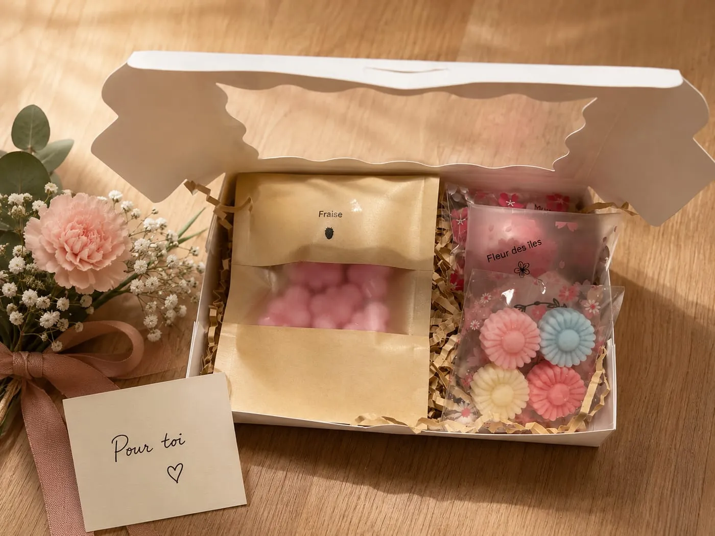 Coffret cadeau de fondants parfumés « Pour toi », parfum fraise et fleurs