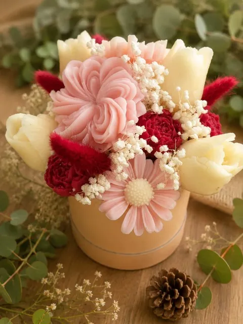 Composition de fleurs de cire roses et rouges avec tulipes ivoire, dans une boîte ronde beige
