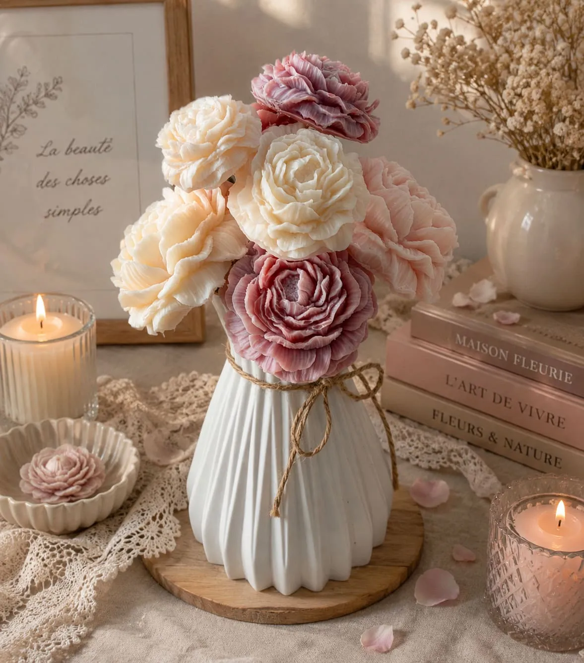 Bouquet de fondants ivoire et rose poudré dans un vase blanc plissé, mise en scène avec bougies et livres