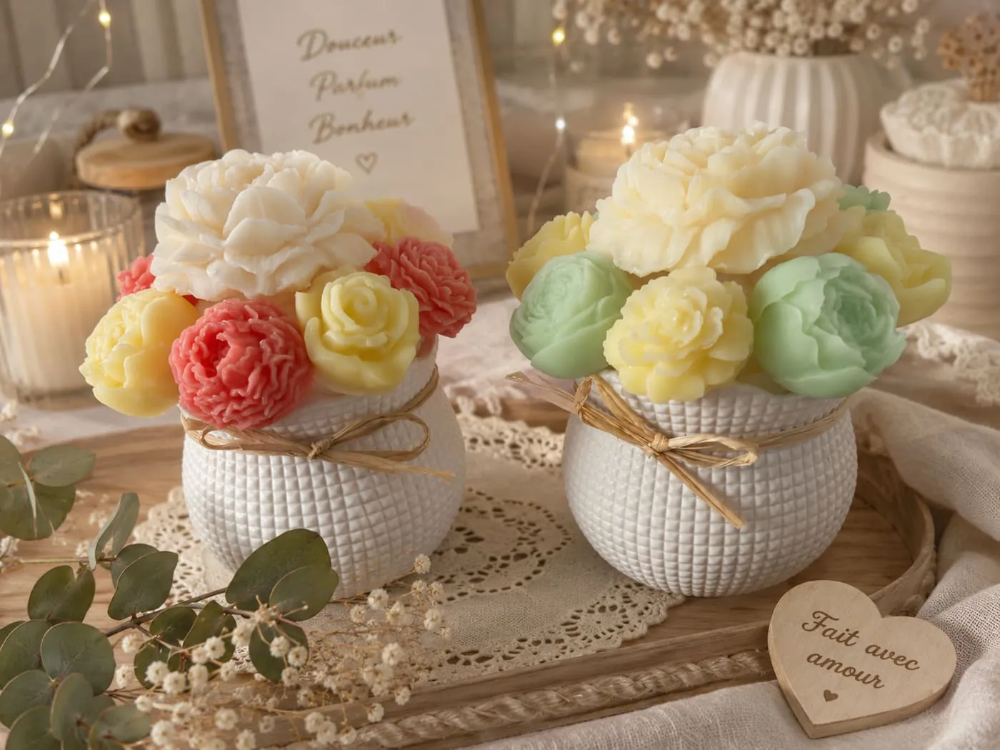 Deux bouquets de fondants pastel dans des vases blancs texturés, mise en scène avec bougies
