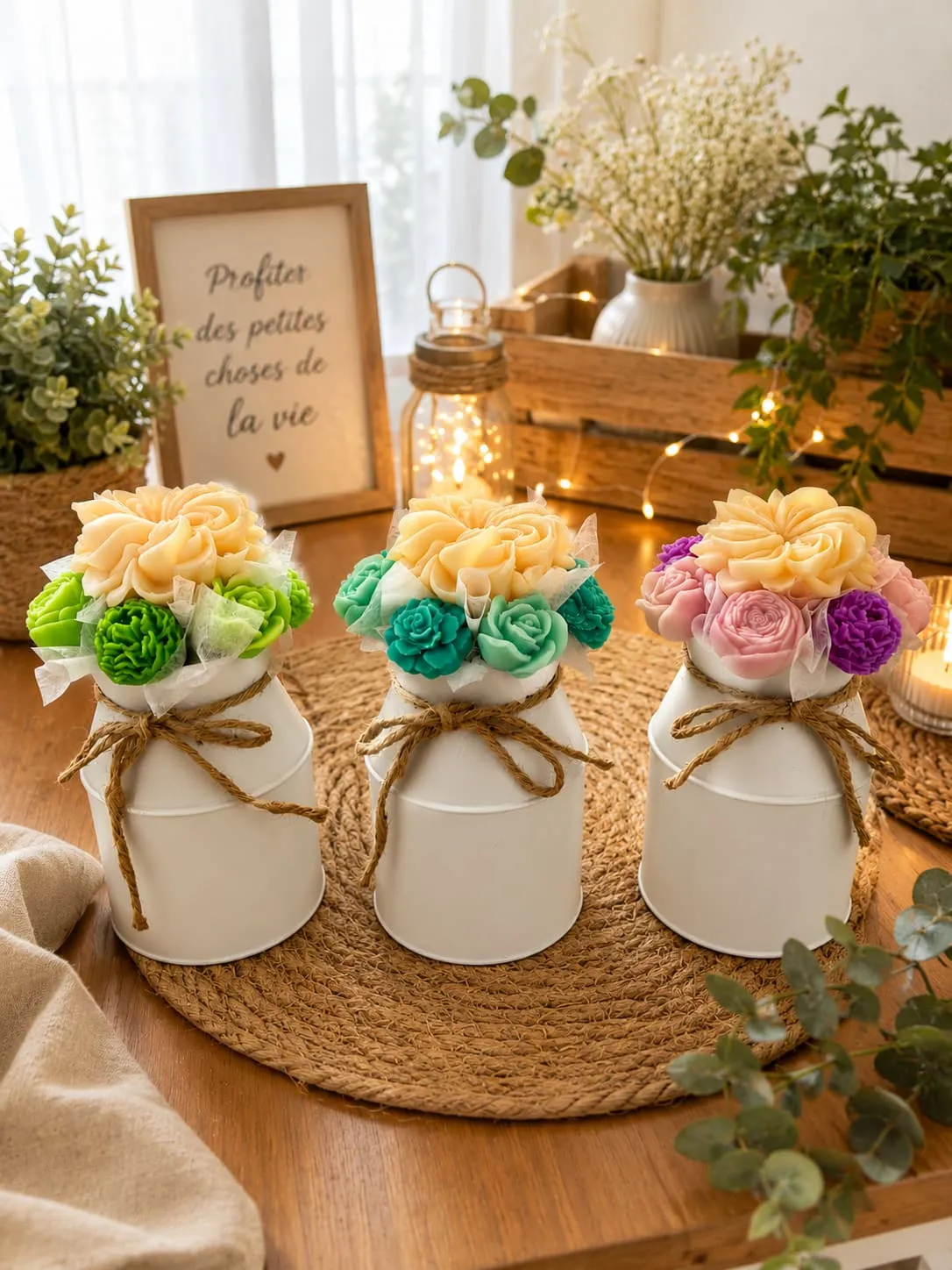 Trois bouquets de fondants colorés dans des pots blancs en métal, mise en scène avec guirlande lumineuse
