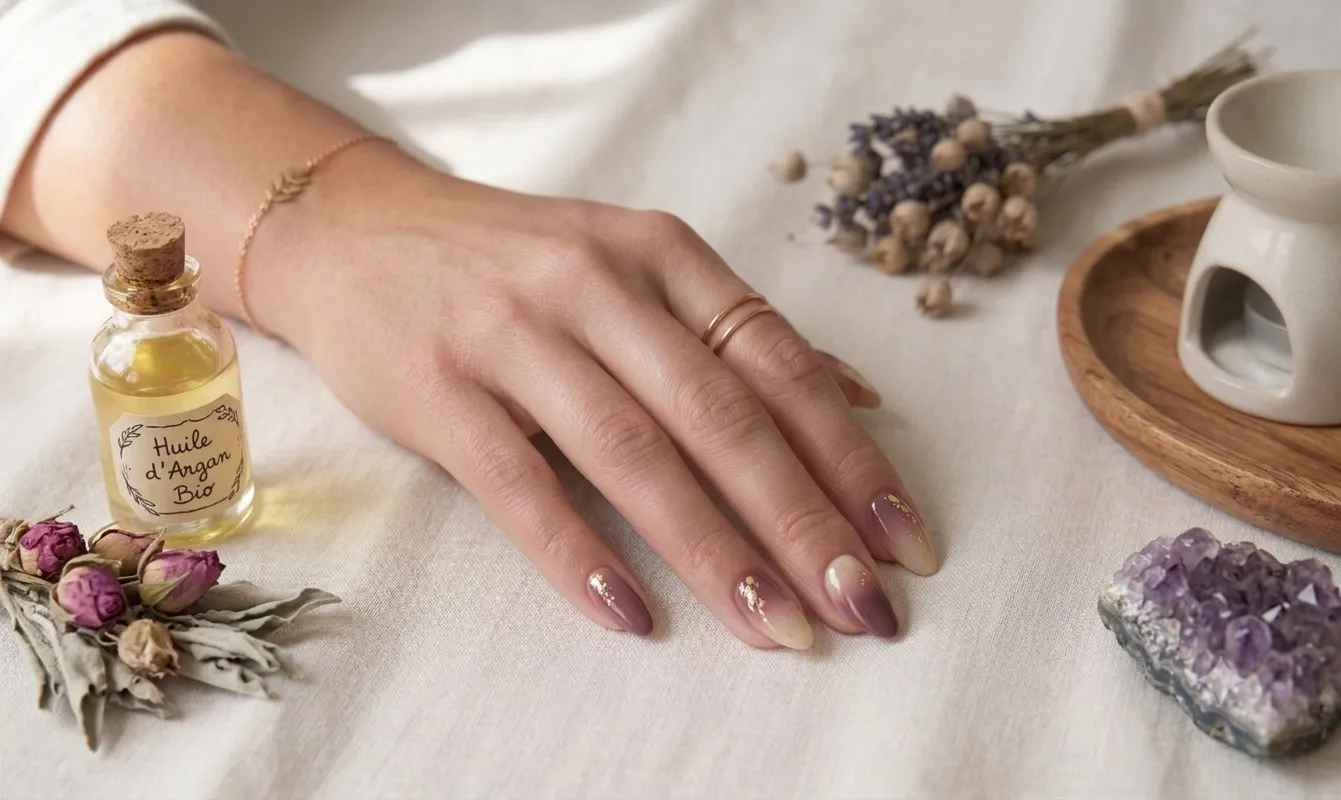 Main avec ongles en dégradé prune vers transparent, éclats de feuille d'or