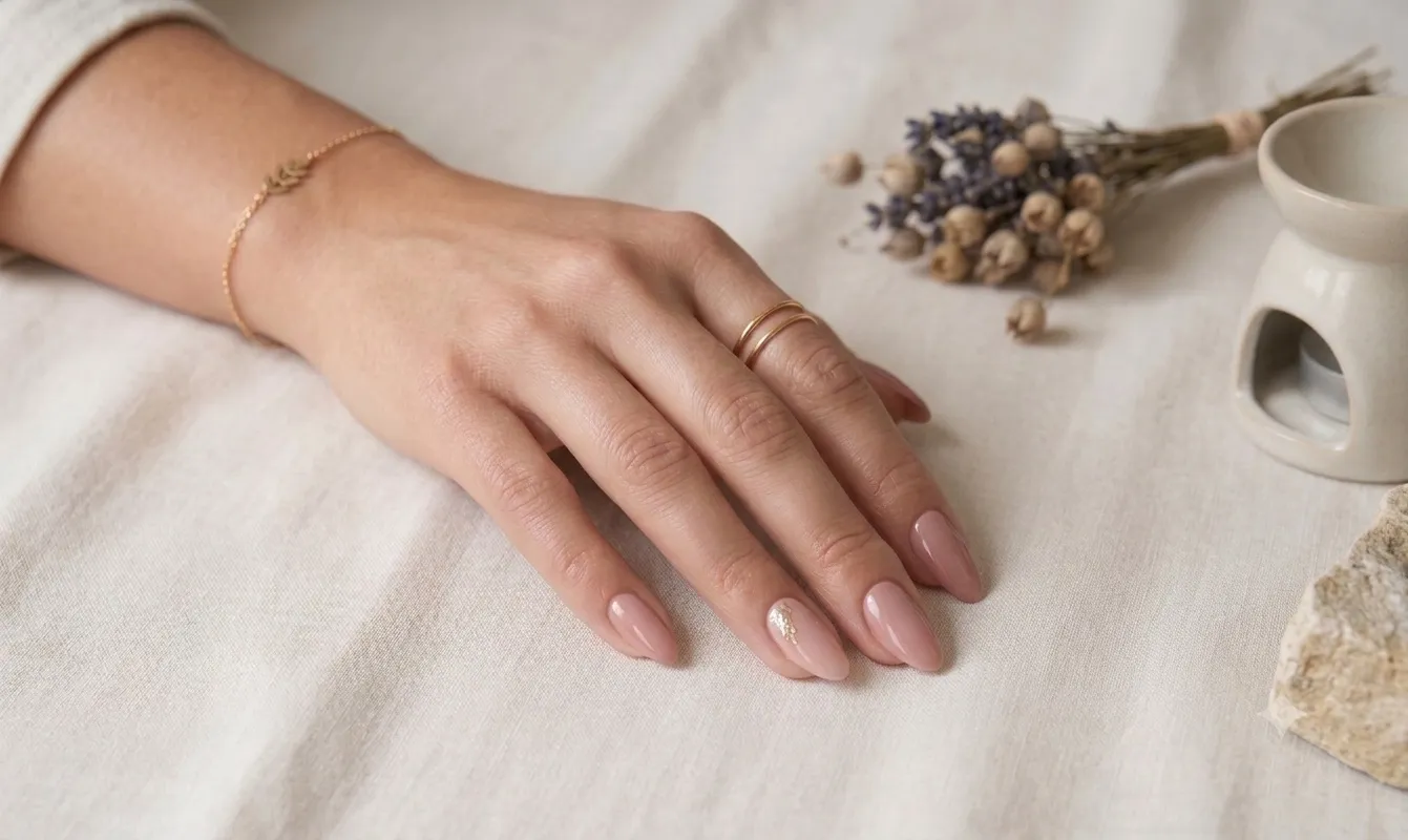 Main avec ongles nude et un ongle accent orné de paillettes dorées