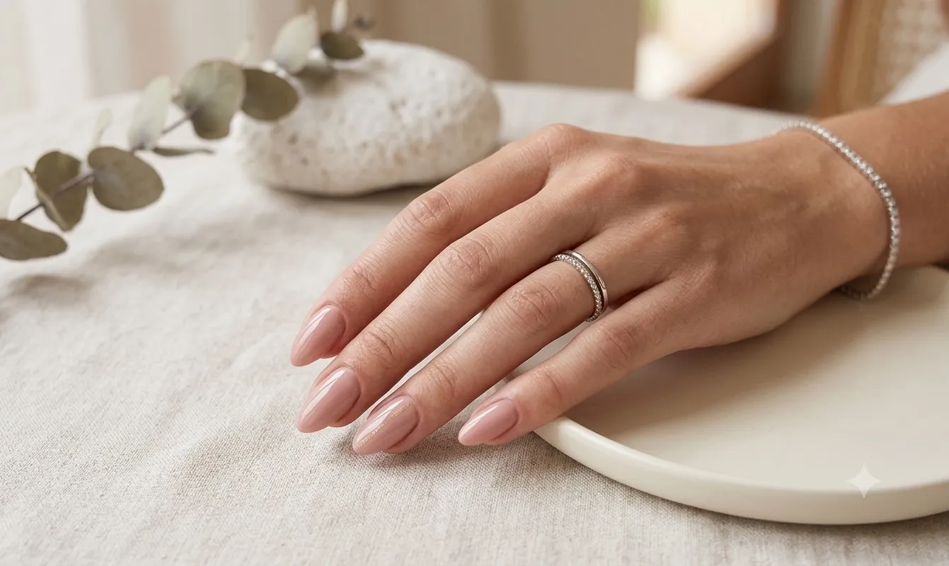 Main avec ongles vernis semi-permanent nude uniforme et brillant, posée sur un lin clair